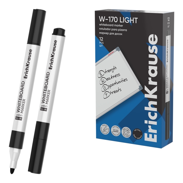 ErichKrause W-170 light Rotulador para Pizarra Blanca - Facil de Borrar - Punta Conica - Trazo de 2.5mm - Secado Rapido - Cuerpo Triangular - Color Negro