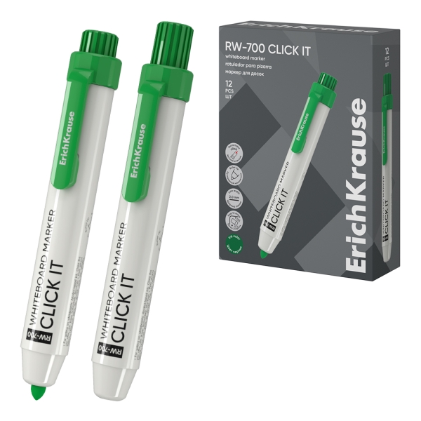 ErichKrause RW-700 Click it Rotulador para Pizarra Blanca - Sistema Retractil - Punta Conica - Trazo de 2.0mm - Tinta a Base de Alcohol - No Toxico - Facil de Borrar - Secado Rapido - Color Verde