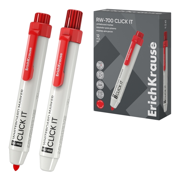 ErichKrause RW-700 Click it Rotulador para Pizarra Blanca - Sistema Retractil - Punta Conica - Trazo de 2.0mm - Tinta a Base de Alcohol - No Toxico - Facil de Borrar - Secado Rapido - Color Rojo