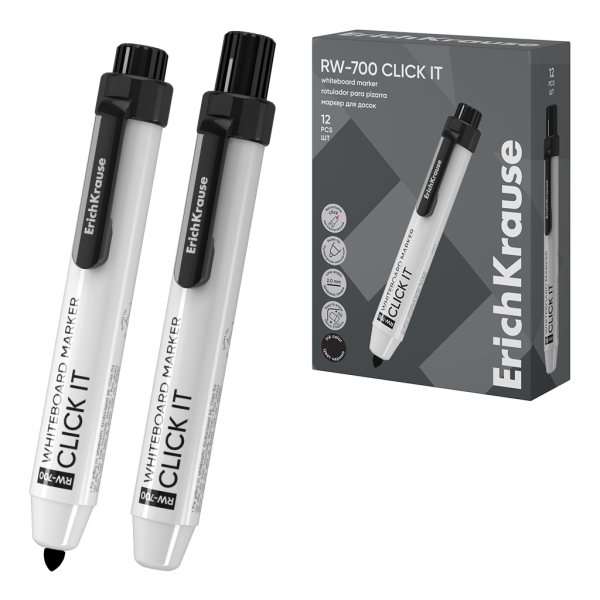 ErichKrause RW-700 Click it Rotulador para Pizarra Blanca - Sistema Retractil - Punta Conica - Trazo de 2.0mm - Tinta a Base de Alcohol - No Toxico - Facil de Borrar - Secado Rapido - Color Negro