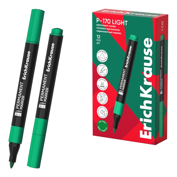 ErichKrause P-170 light Rotulador Permanente - Punta Conica - Trazo de 2.5mm - Resistente al Agua y a la Luz - Multisuperficie - Cuerpo Triangular - Color Verde