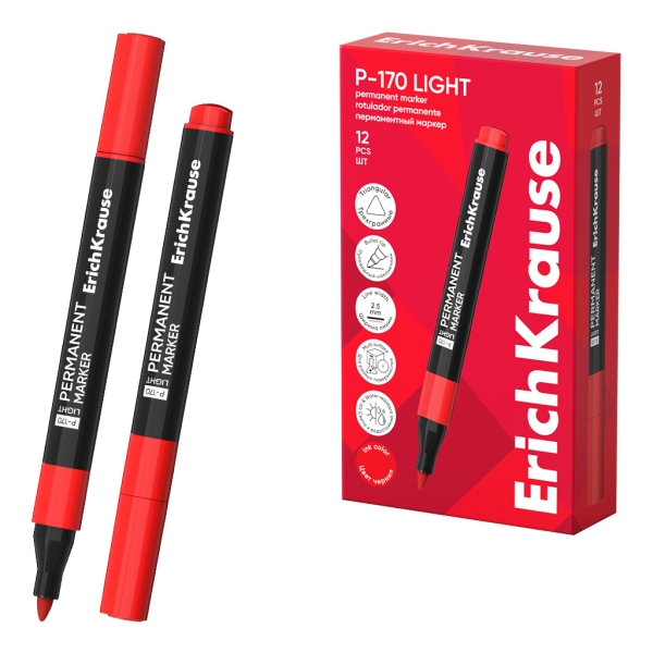 ErichKrause P-170 light Rotulador Permanente - Punta Conica - Trazo de 2.5mm - Resistente al Agua y a la Luz - Multisuperficie - Cuerpo Triangular - Secado Rapido - Color Rojo