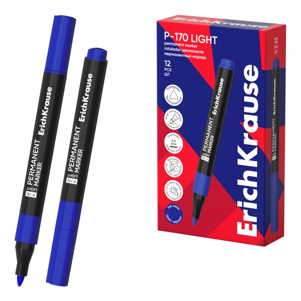 ErichKrause P-170 light Rotulador Permanente - Punta Conica - Trazo de 2.5mm - Resistente al Agua y a la Luz - Multisuperficie - Cuerpo Triangular - Secado Rapido - Color Azul