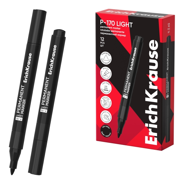 ErichKrause P-170 light Rotulador Permanente - Punta Conica - Trazo de 2.5mm - Resistente al Agua y a la Luz - Multisuperficie - Cuerpo Triangular - Secado Rapido - Color Negro