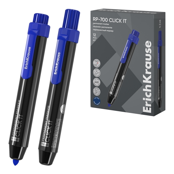 ErichKrause RP-700 Click it Rotulador Permanente - Sistema Retractil - Punta Conica - Trazo de 2.0mm - Resistente al Agua y a la Luz - Multisuperficie - Tinta a Base de Alcohol - Color Azul