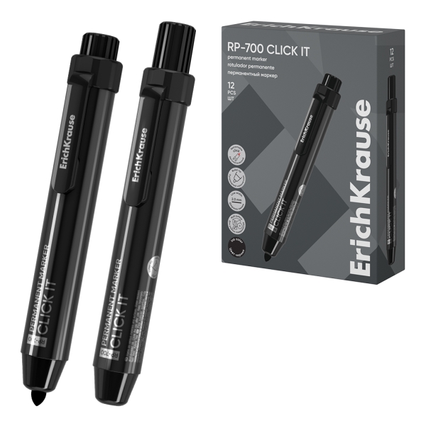 ErichKrause RP-700 Click it Rotulador Permanente - Sistema Retractil - Punta Conica - Trazo de 2.0mm - Resistente al Agua y a la Luz - Multisuperficie - Tinta a Base de Alcohol - Color Negro
