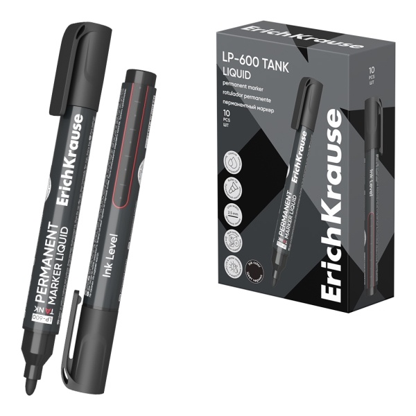 ErichKrause Liquid LP-600 Rotulador Permanente - Ventana Transparente - Punta Conica - Trazo de 2.5mm - Resistente al Agua y a la Luz - Multisuperficie - Tinta a Base de Alcohol - Color Negro