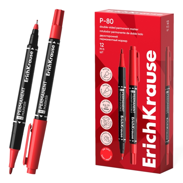 ErichKrause Double P-80 Rotulador Permanente Doble - Punta de Bala de 1.65mm - Punta de Aguja de 0.45mm - Resistente al Agua y a la Luz - Multisuperficie - Cuerpo Redondo - Color Rojo