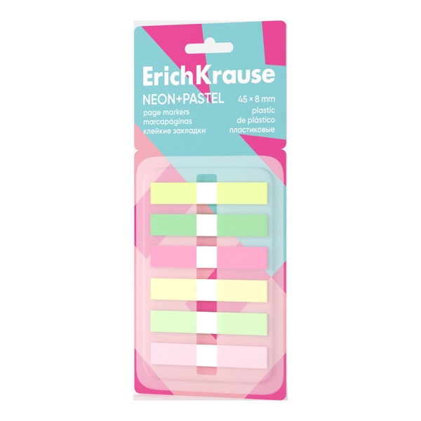 ErichKrause Neon+Pastel Pack de 6 Blocs de 20 Marcadores de Pagina - Reposicionables - Plastico - 8x45mm - Colores Surtidos