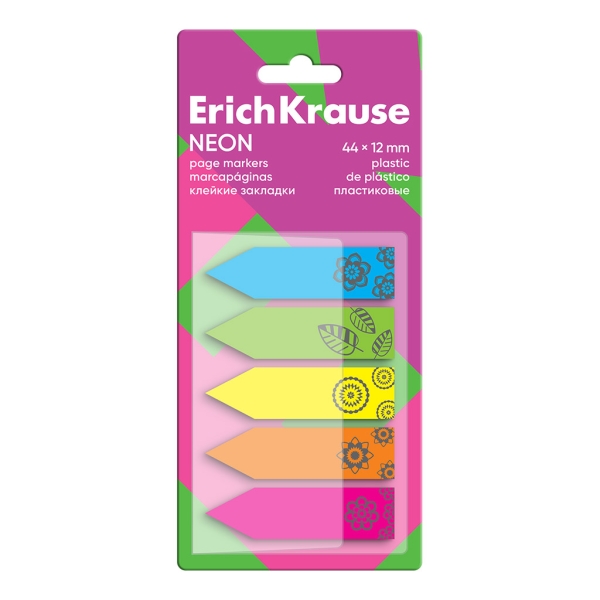 ErichKrause Neon Pack de 5 Blocs de 20 Marcadores de Pagina - Reposicionables - Plastico - 12X44mm - Colores Surtidos