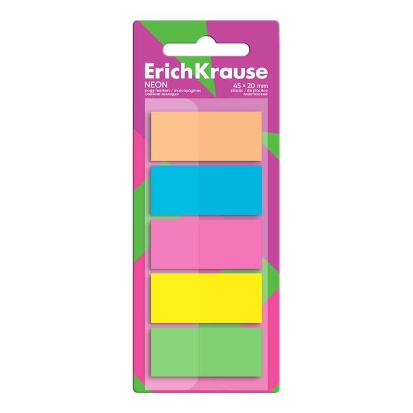 ErichKrause Neon Pack de 5 Blocs de 20 Marcadores de Pagina - Reposicionables - Plastico - 20x45mm - Colores Surtidos