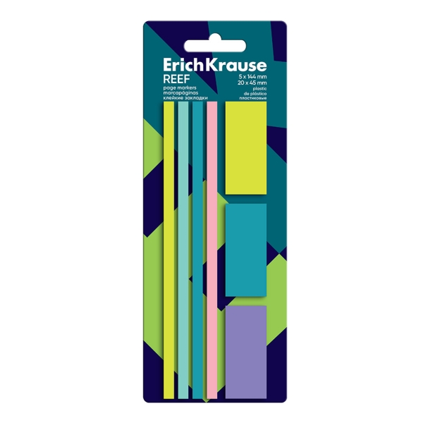 ErichKrause Reef Pack de 7 Blocs de 20 Marcadores de Pagina - Reposicionables - Plastico - 2 Formatos Diferentes - Colores Surtidos