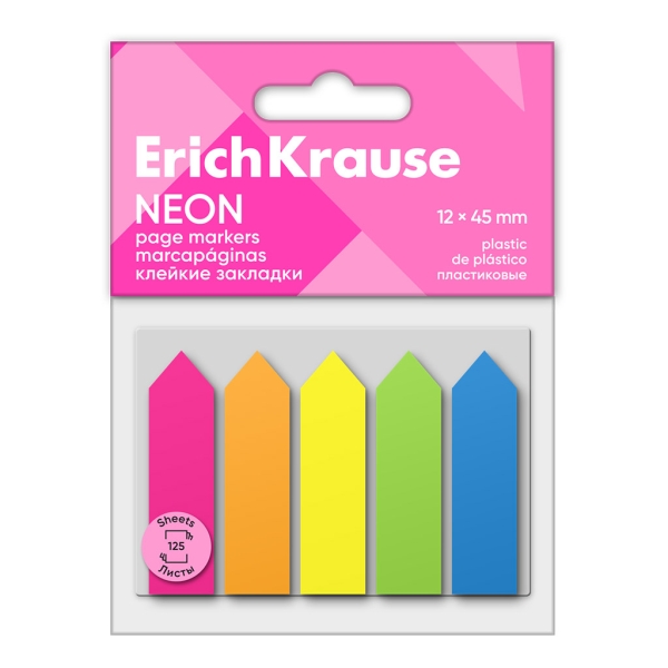 ErichKrause Neon Arrows Pack de 5 Blocs de 25 Marcadores de Pagina - Reposicionables - Plastico - 12x45mm - Colores Surtidos
