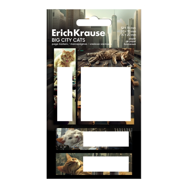 ErichKrause Big City Cats Pack de 4 Blocs de 20 Marcadores de Pagina - Reposicionables - Papel de 75g/m2 - 3 Formatos Diferentes - Colores Surtidos