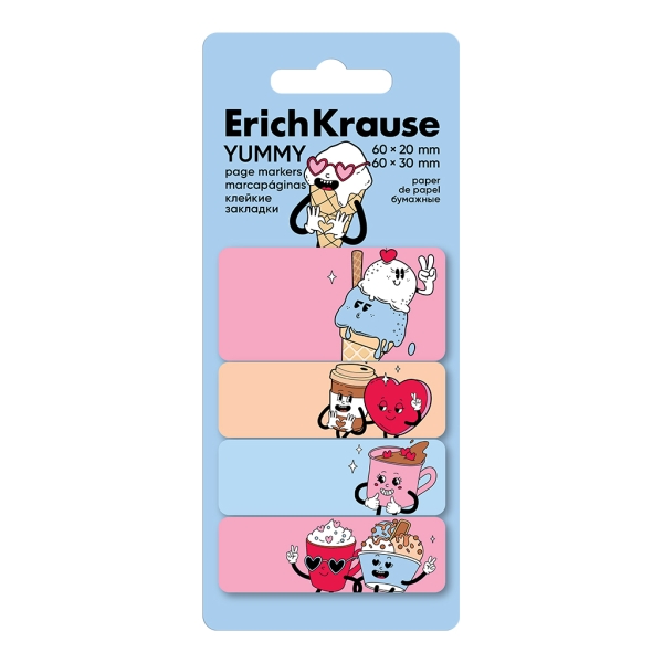 ErichKrause Yummy Pack de 4 Blocs de 20 Marcadores de Pagina - Reposicionables - Papel de 75g/m2 - 20X60mm - Colores Surtidos