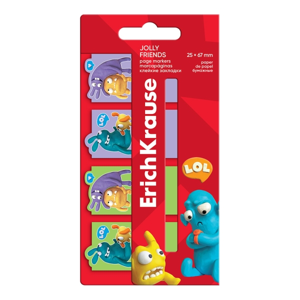 ErichKrause Jolly Friends Pack de 4 Blocs de 20 Marcadores de Pagina - Reposicionables - Papel de 75g/m2 - 25X67mm - Colores Surtidos