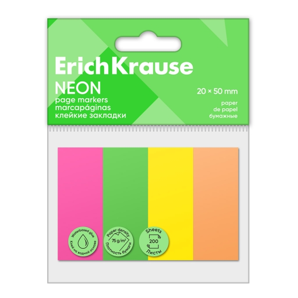 ErichKrause Neon Pack de 4 Blocs de 50 Marcadores de Pagina - Reposicionables - Papel de 75g/m2 - 20X50mm - Pegamento a Base de Agua - Colores Surtidos