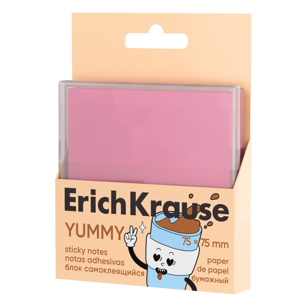 ErichKrause Yummy Bloc de 80 Notas Adhesivas Reposicionables - Papel de 75g/m2 - 75x75mm - Caja de Plastico - Pegamento a Base de Agua - Color Rosa