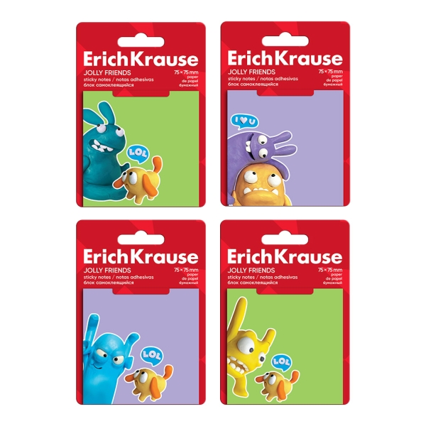 ErichKrause Jolly Friends Bloc de 50 Notas Adhesivas Reposicionables - Papel de 75g/m2 - 75x75mm - Pegamento a Base de Agua - Colores Surtidos