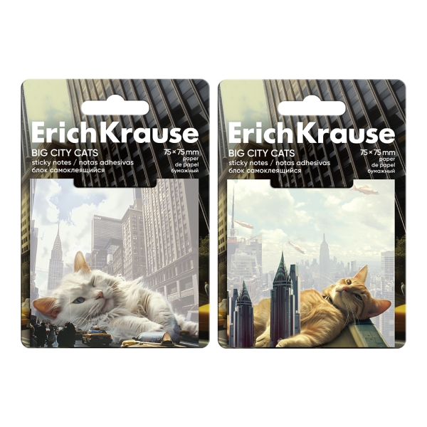 ErichKrause Big City Cats Bloc de 50 Notas Adhesivas Reposicionables - Papel de 75g/m2 - 75x75mm - Pegamento a Base de Agua - Colores Surtidos