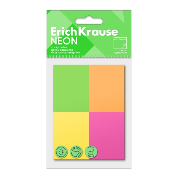 ErichKrause Neon Pack de 4 Blocs de 100 Notas Adhesivas Reposicionables - Papel de 75g/m2 - 40X50mm - Pegamento a Base de Agua - Colores Surtidos