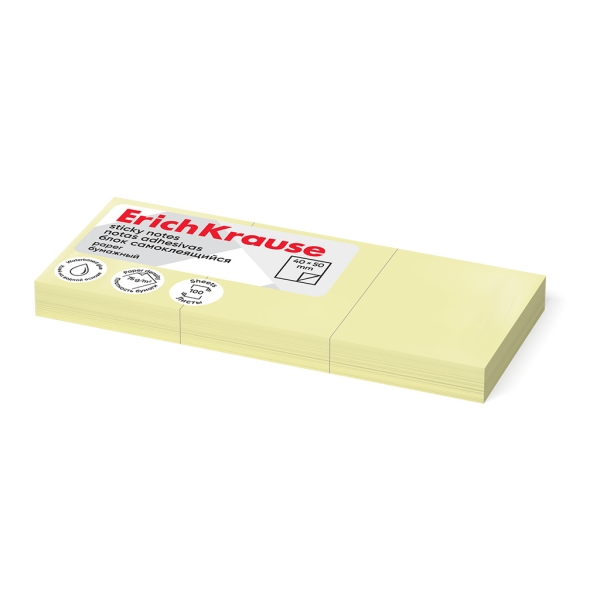 ErichKrause Pack de 3 Blocs de 100 Notas Adhesivas Reposicionables - Papel de 75g/m2 - 40X50mm - Pegamento a Base de Agua - Color Amarillo