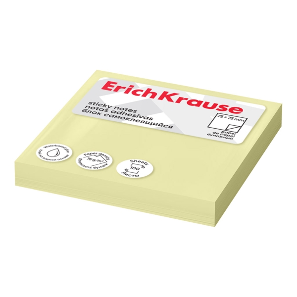 ErichKrause Bloc de 100 Notas Adhesivas Reposicionables - Papel de 75g/m2 - 75x75mm - Pegamento a Base de Agua - Color Amarillo