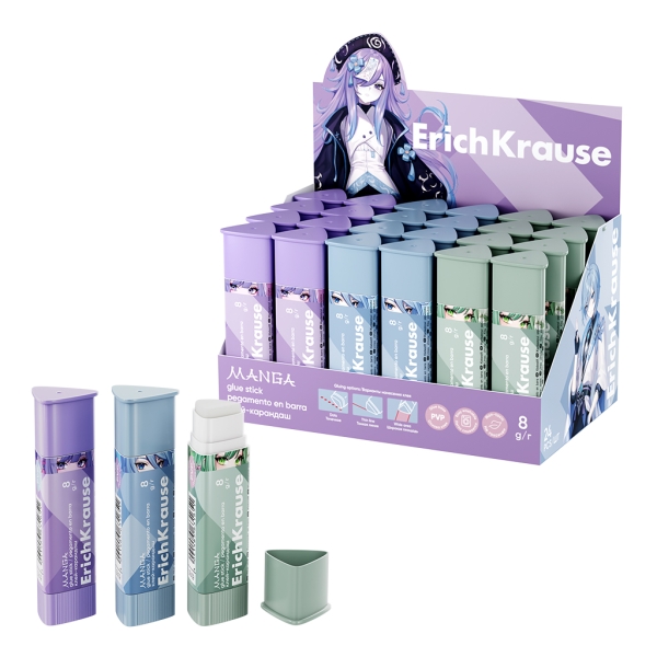 ErichKrause Prism Manga Expositor con 24 Pegamentos en Barra - 8g - Adhesion Fuerte - Multisuperficie - Color Blanco