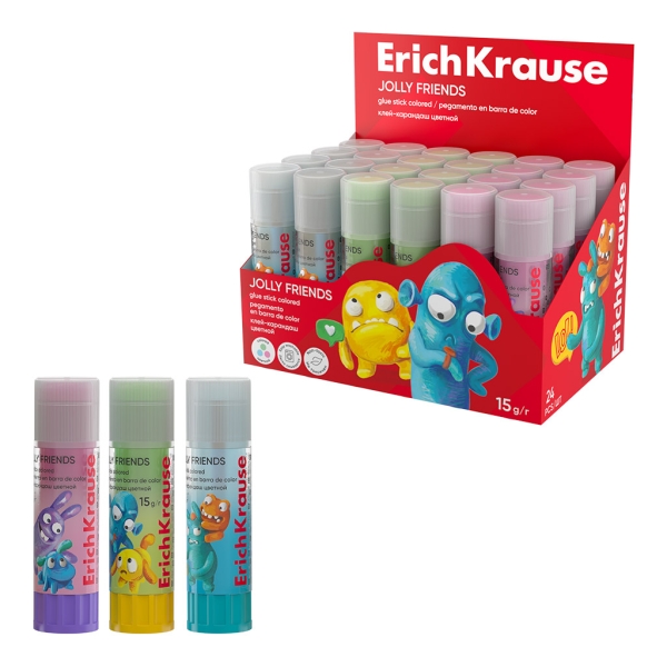 ErichKrause EasyStick Jolly Friends Expositor con 24 Pegamentos en Barra - 15g - Multisuperficie - Colores Surtidos