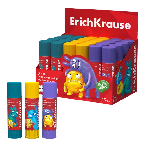 ErichKrause EasyStick Jolly Friends Expositor con 24 Pegamentos en Barra - 13g - Adhesion Fuerte - Multisuperficie - Color Blanco
