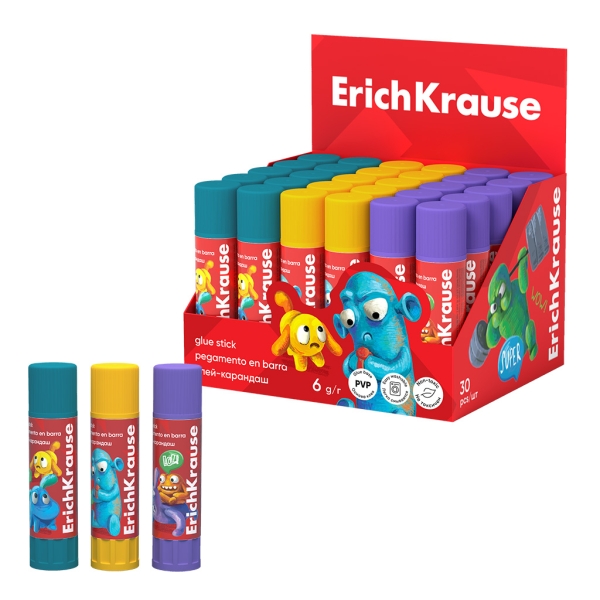 ErichKrause EasyStick Jolly Friends Expositor con 30 Pegamentos en Barra - 6g - Multisuperficie - Color Blanco