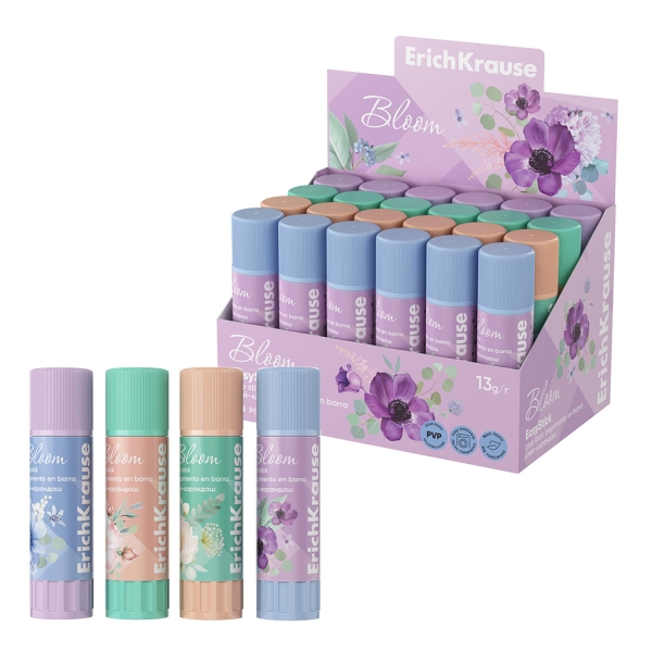 ErichKrause EasyStick Pastel Bloom Expositor con 24 Pegamentos en Barra - 13g - No Toxico - Adhesion Fuerte - Multisuperficie - Color Blanco