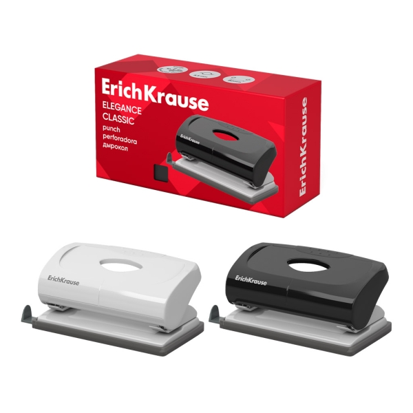 ErichKrause Elegance Classic Perforadora de Papel - Perfora hasta 10 Hojas - Barra Guia con Marcas de Formato - Bandeja - Base de Plastico Antideslizante - Colores Surtidos