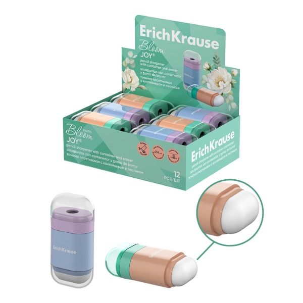 ErichKrause JOY Pastel Bloom Expositor con 12 Sacapuntas con Contenedor - Goma de Borrar - Plastico - Cuchilla Niquelada de Acero al Carbono - Orificio de 8mm - Colores Surtidos