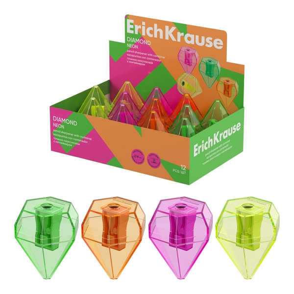 ErichKrause Diamond Neon Expositor con 12 Sacapuntas con Contenedor - Plastico - Cuchilla Niquelada de Acero al Carbono - Orificio de 8mm - Colores Surtidos