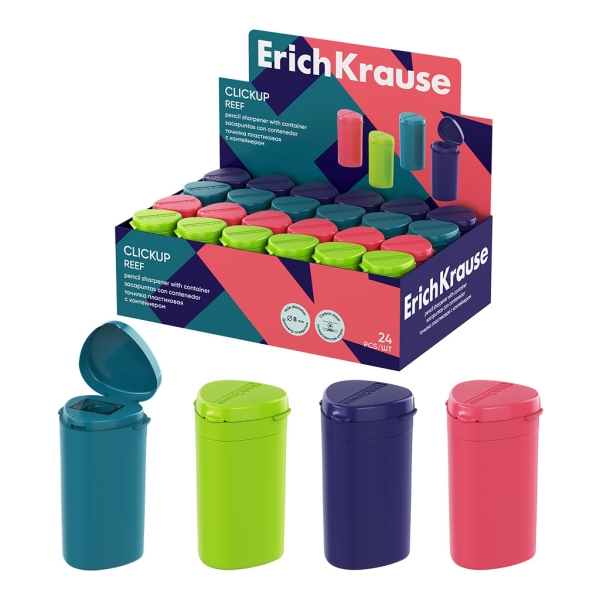 ErichKrause ClickUp Reef Expositor con 24 Sacapuntas con Contenedor - Plastico - Cuchilla Niquelada de Acero al Carbono - Orificio de 8mm - Colores Surtidos