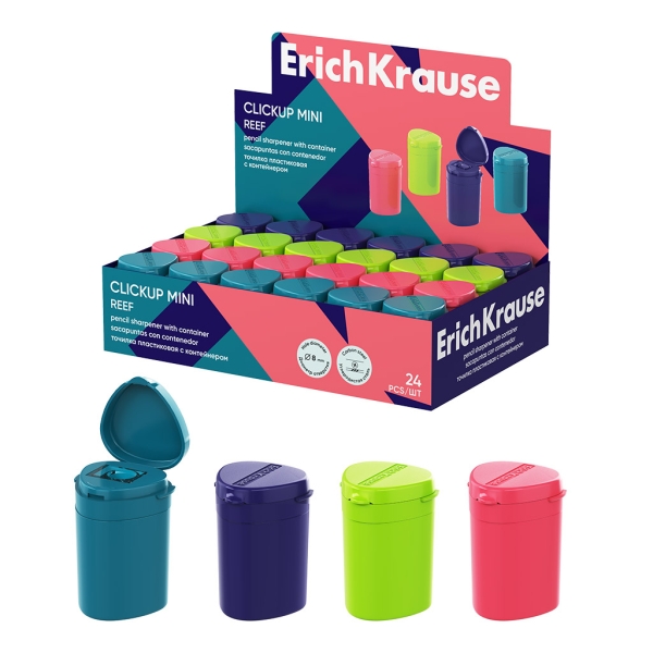 ErichKrause ClickUp Mini Reef Expositor con 24 Sacapuntas con Contenedor - Plastico - Cuchilla Niquelada de Acero al Carbono - Orificio de 8mm - Colores Surtidos