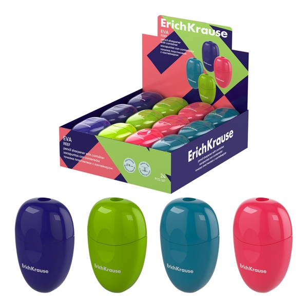 ErichKrause Eva Reef Expositor con 24 Sacapuntas con Contenedor - Plastico - Cuchilla Niquelada de Acero al Carbono - Orificio de 8mm - Colores Surtidos
