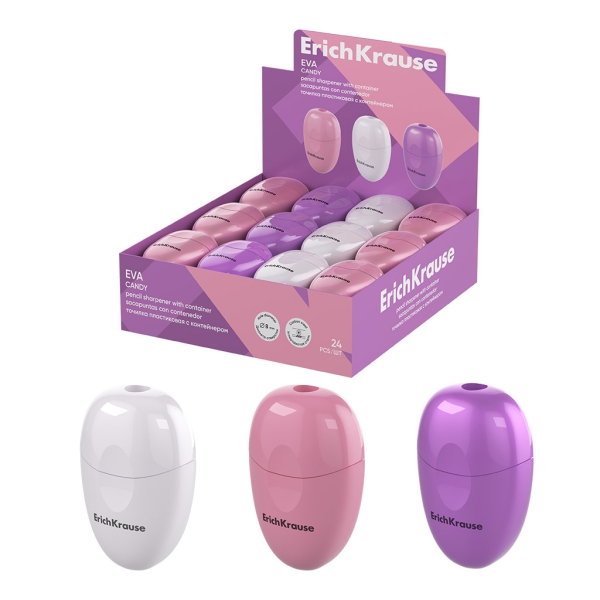 ErichKrause Eva Candy Expositor con 24 Sacapuntas con Contenedor - Plastico - Cuchilla Niquelada de Acero al Carbono - Orificio de 8mm - Colores Surtidos