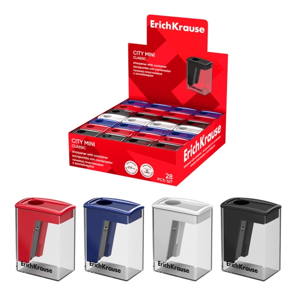 ErichKrause City Mini Classic Expositor con 28 Sacapuntas con Contenedor - Plastico - Cuchilla Niquelada de Acero al Carbono - Orificio de 8mm - Colores Surtidos