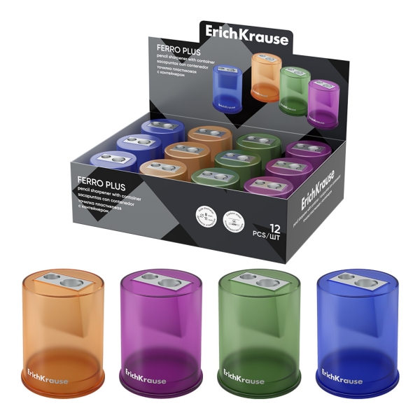 ErichKrause Ferro Container Plus Expositor con 12 Sacapuntas con Contenedor - Metalico - 2 Orificios de 8 y 11mm - Cuchilla Niquelada de Acero al Carbono - Colores Surtidos