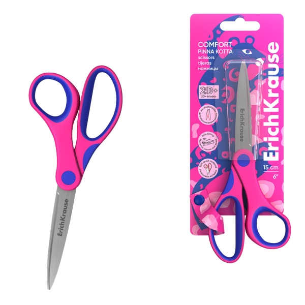ErichKrause Comfort Pinna Kotta Tijeras de 15cm - Mangos de Plastico y Goma Antideslizante - Cuchillas en Forma de Arco - Ergonomicas - Acero Inoxidable - Color Rosa