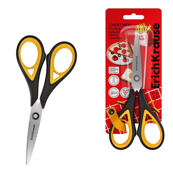 ErichKrause Endeavor Cheat Meal Tijeras de 16cm - Mangos de Plastico y Goma Antideslizante - Cuchillas en Forma de Arco - Ergonomicas - Acero Inoxidable - Color Negro