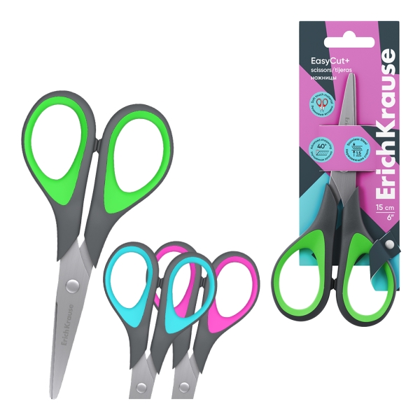 ErichKrause EasyCut+ Tijeras de 15cm - Mangos de Plastico y Goma Antideslizante - Afilado Doble - Acero Inoxidable - Colores Surtidos
