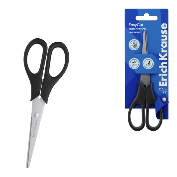 ErichKrause EasyCut Tijeras de 13.5cm - Mangos de Plastico Resistente a Golpes - Mangos de Plastico Resistente a Golpes - Afilado Doble - Acero Inoxidable - Ergonomicas - Color Negro