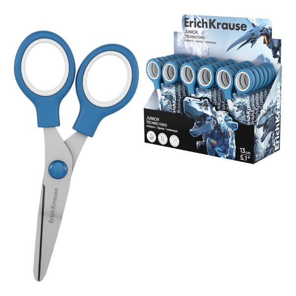 ErichKrause Junior Techno Dino Expositor con 18 Tijeras de 13cm - Mangos de Plastico Resistente a Golpes - Ergonomicas - Color Azul