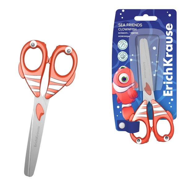 ErichKrause Sea Friends Clownfish Tijeras de 13.5cm - Puntas Redondeadas - Mangos de Plastico Resistente a Golpes con Forma - Acero Inoxidable - Color Naranja