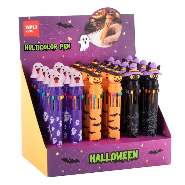 Apli Kids Halloween Expositor con 24 Boligrafos Retractiles Multicolor - 10 Colores de Tinta - 3 Modelos Diferentes