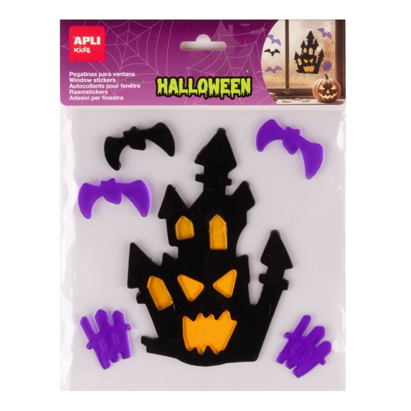 Apli Kids Pack con 7 Pegatinas Jelly de Halloween para Ventanas, Cristales, Espejos etc.. - Diseño Casa Embrujada - Reposicionables - Textura Suave y Flexible - No dejan Residuos