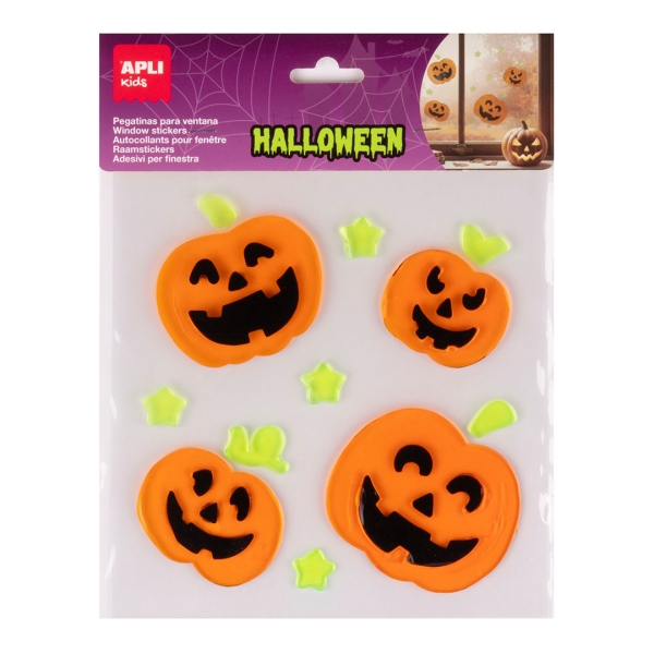 Apli Kids Pack con 12 Pegatinas Jelly de Halloween para Ventanas, Cristales, Espejos etc.. - Diseño Calabazas - Reposicionables - Textura Suave y Flexible - No dejan Residuos